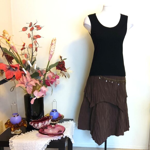 NWT Women Brown 2-Layers of Tiered Lined Elastic High Waist Asymmetrical Skirt - Picture 9 of 14